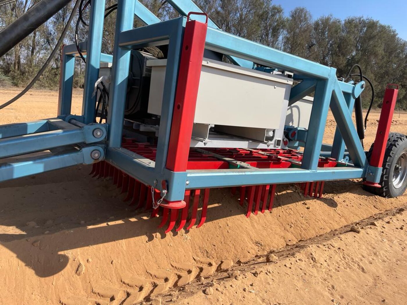Close-up of the Clean Soil electrode tines mounted on the towed unit